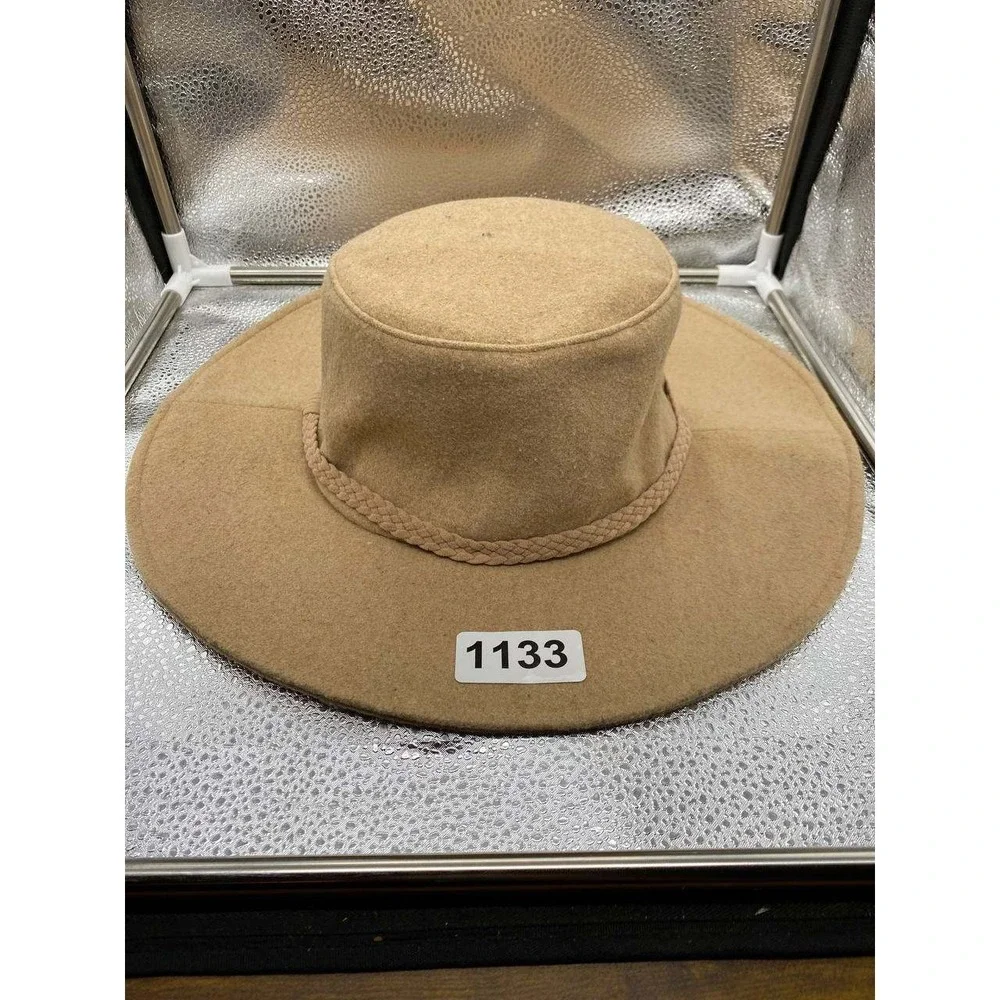ASN Wide Brim Sun Hat Womens OS Tan Wool Blend‎ Braided Trim Floppy Fedora
